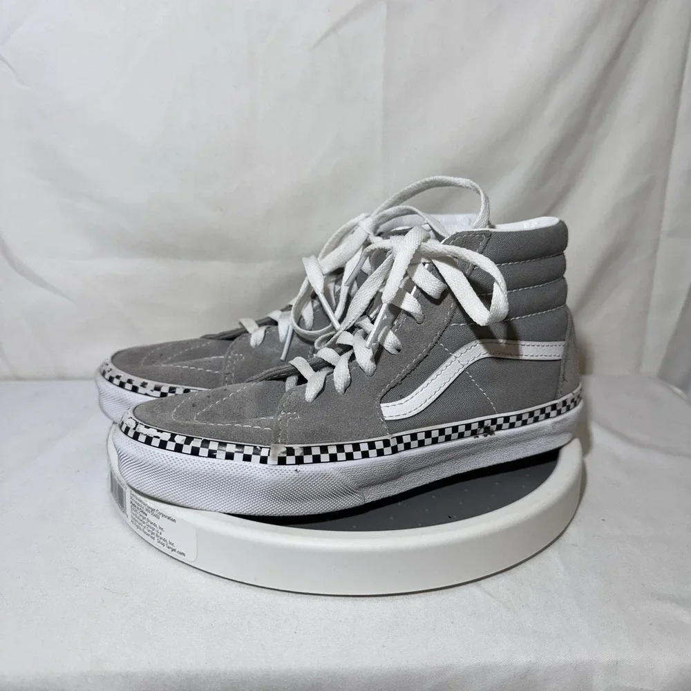 Vans SK8-Hi Sneakers Gray White Checkered Foxing Stripe Kids Size 3Y